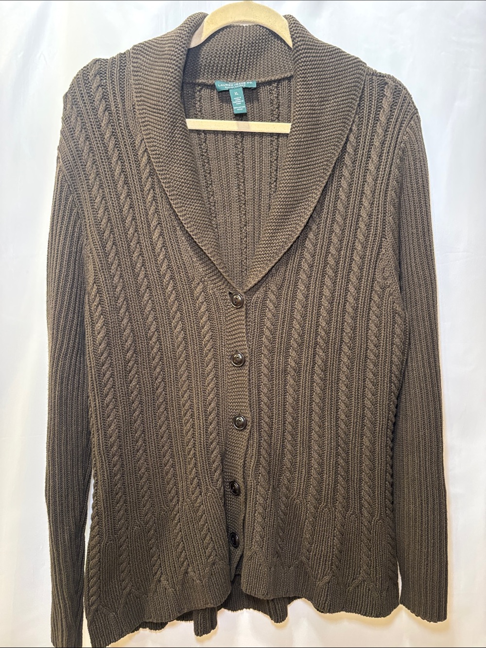 Lauren Ralph Lauren Brown Cable Shawl-Collar Cardigan